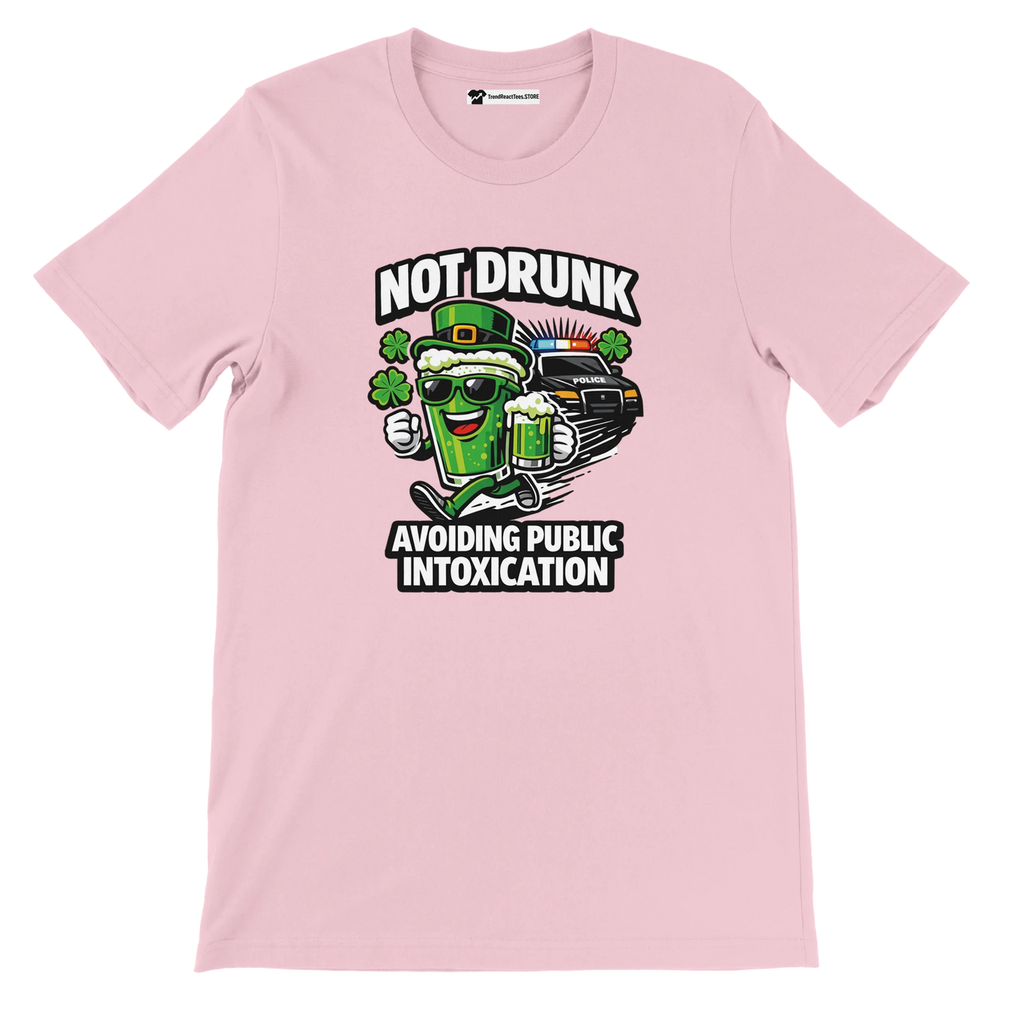 Pink anime-style graphic tee with a cartoon beer mug, shamrocks, police car, and St. Patrick's Day quote.