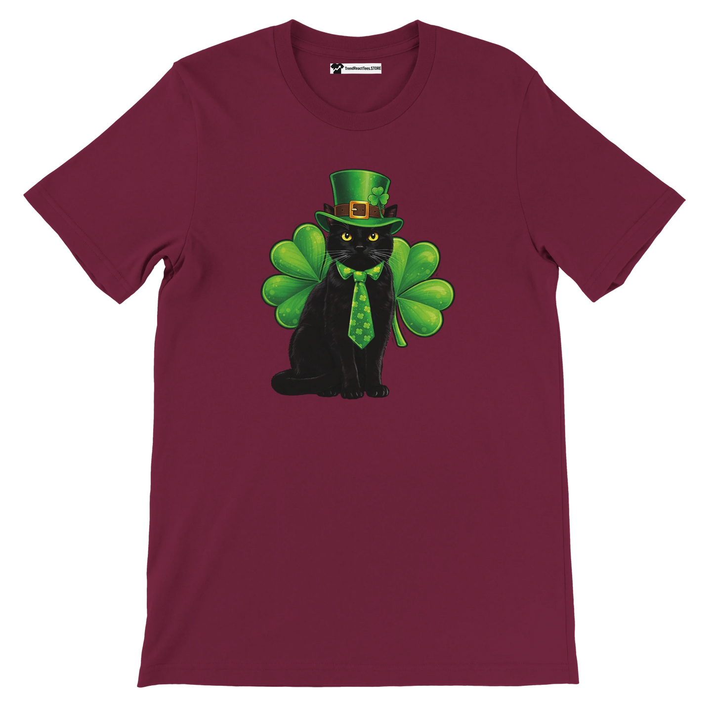 Maroon t-shirt with black cat in green leprechaun hat, tie, shamrock background, St. Patrick's Day