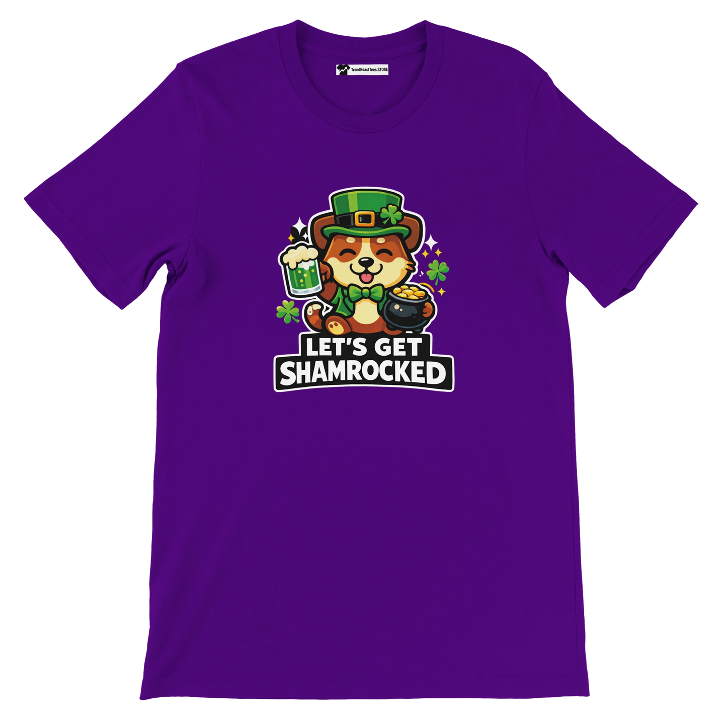 Purple t-shirt with cute dog in leprechaun hat, shamrocks, pint, and 'Let's Get Shamrocked' text.