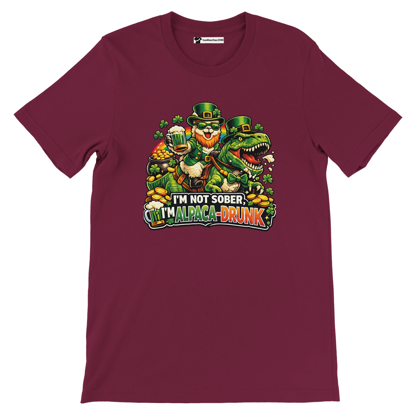 Funny St. Patrick's Day tee with leprechaun, dinosaur, and 'I'm Alpaca-Drunk' text