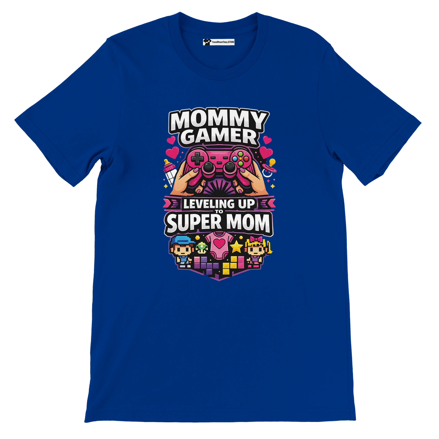 Blue anime aesthetic t-shirt with 'Mommy Gamer Leveling Up to Super Mom' graphic and cute icons.