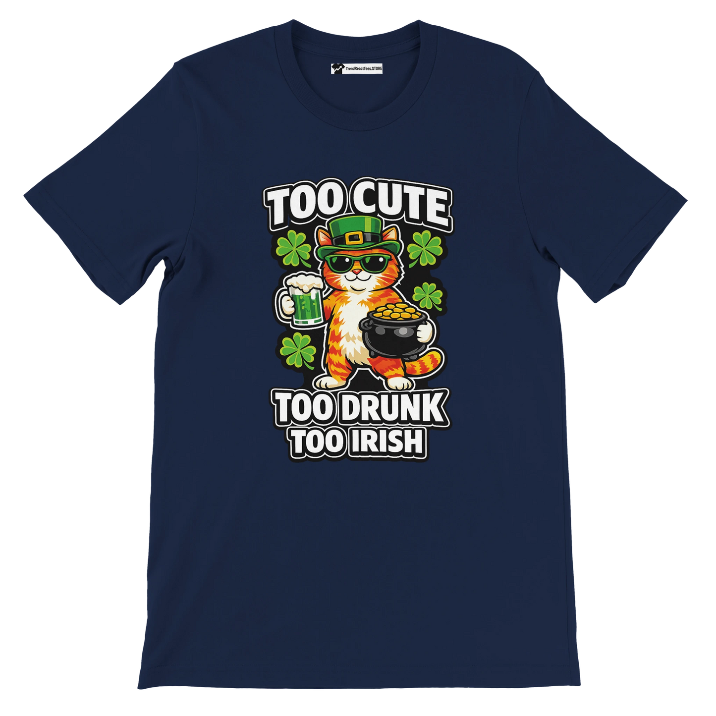 Navy tee featuring cartoon cat in leprechaun hat, holding beer and gold pot, St. Patrick’s Day theme