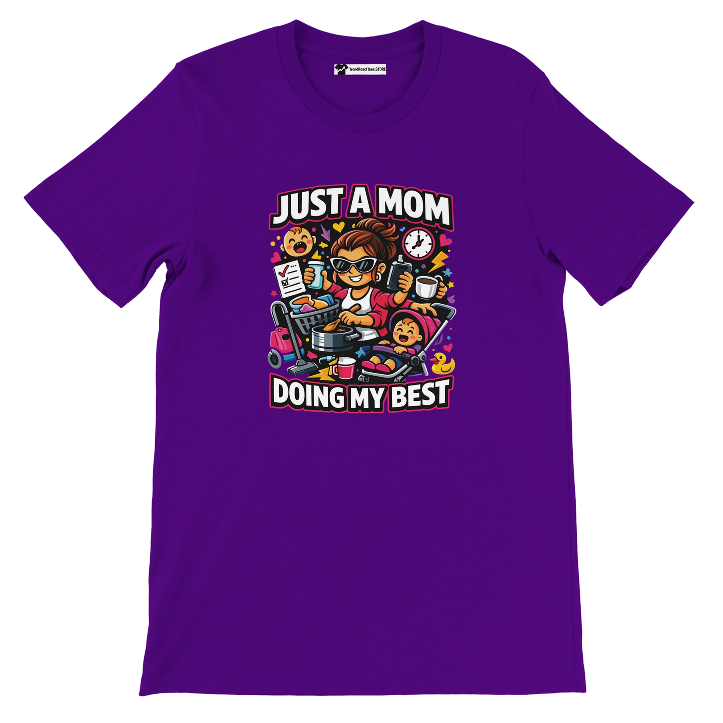 Purple t-shirt with cartoon mom multitasking, text says 'Just a Mom Doing My Best'.