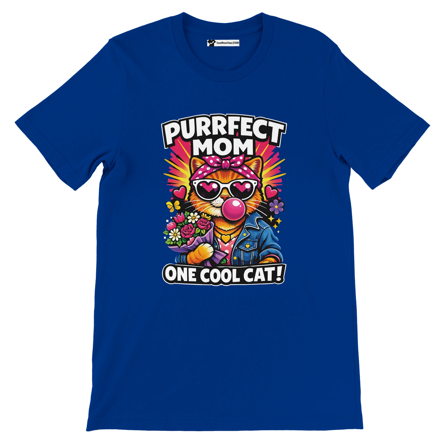 Blue tee with cartoon cat in sunglasses, flowers, and text 'Purrfect Mom One Cool Cat'