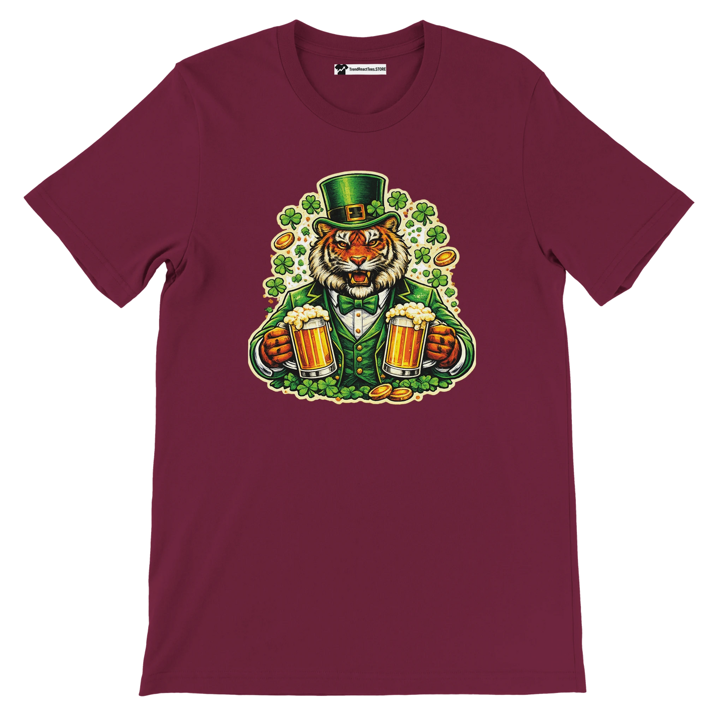 Maroon t-shirt with a St. Patrick's Day anime tiger holding beer mugs, surrounded by shamrocks