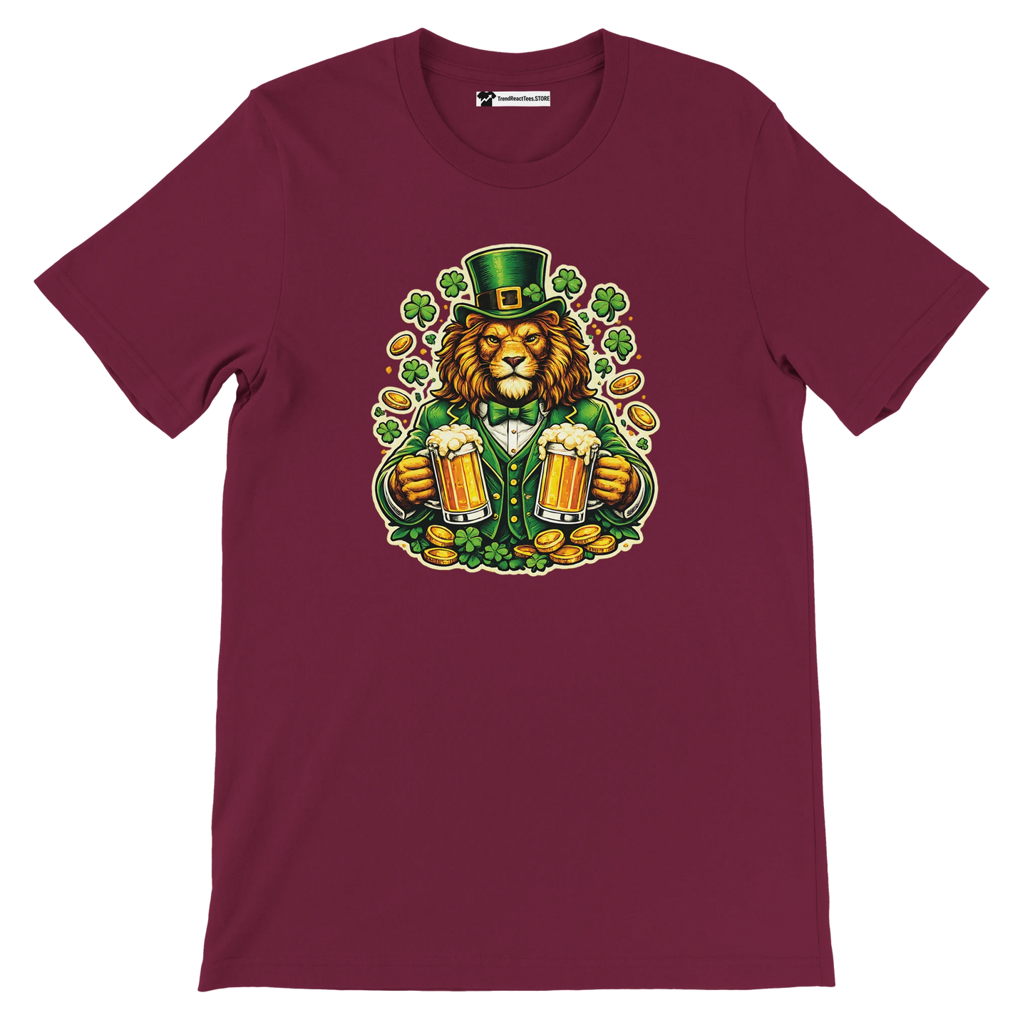 Lion in leprechaun hat holding beer mugs, shamrocks, gold coins - St. Patrick's Day tee