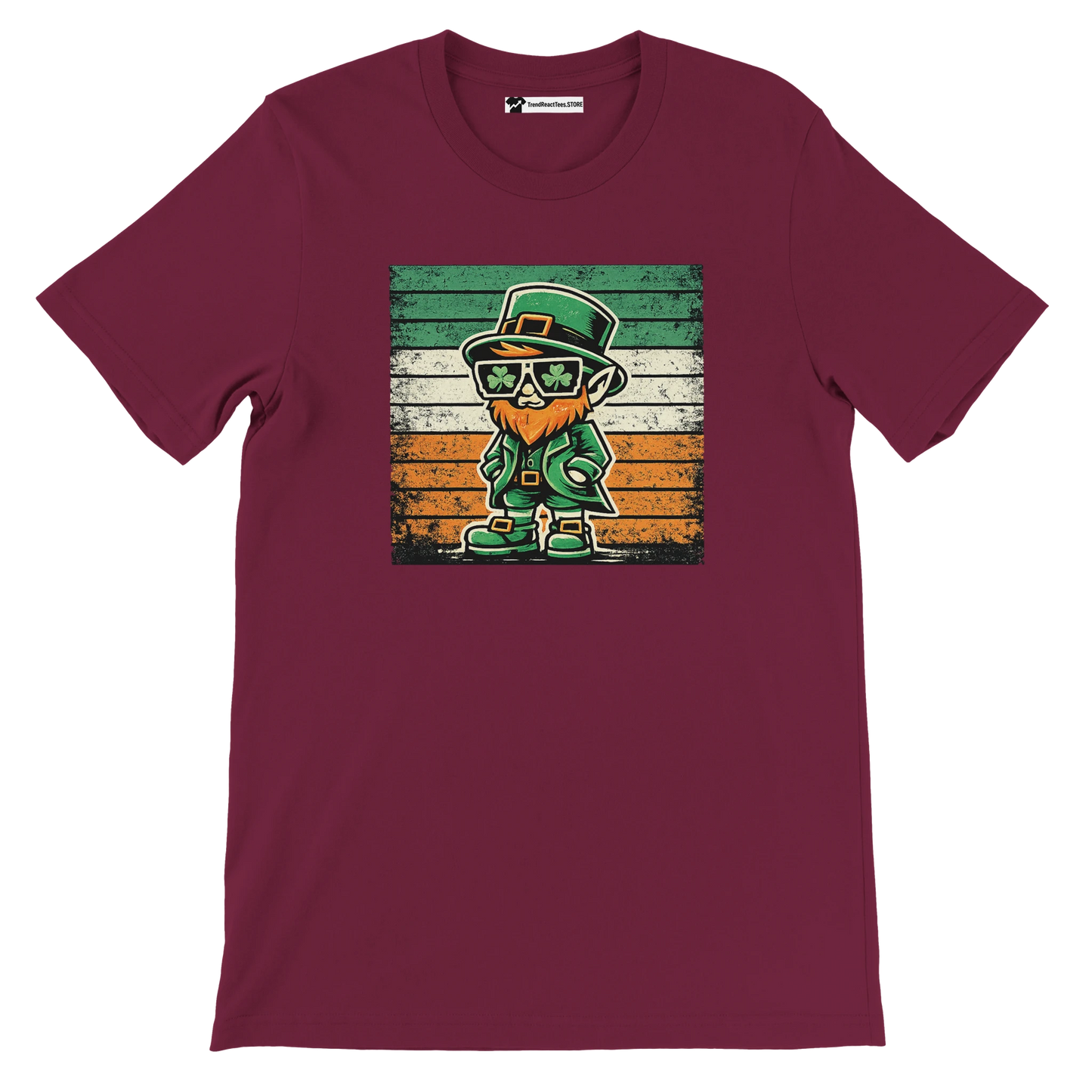 Maroon t-shirt with cartoon leprechaun, shamrock glasses, Irish flag background