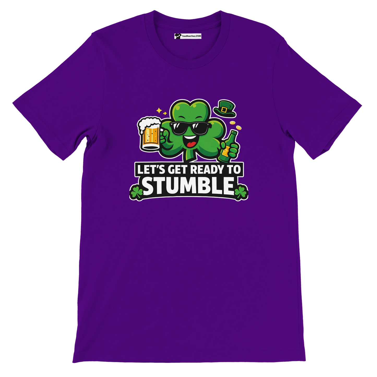 Purple t-shirt with cartoon shamrock, sunglasses, beer, and 'Let's Get Ready To Stumble' quote