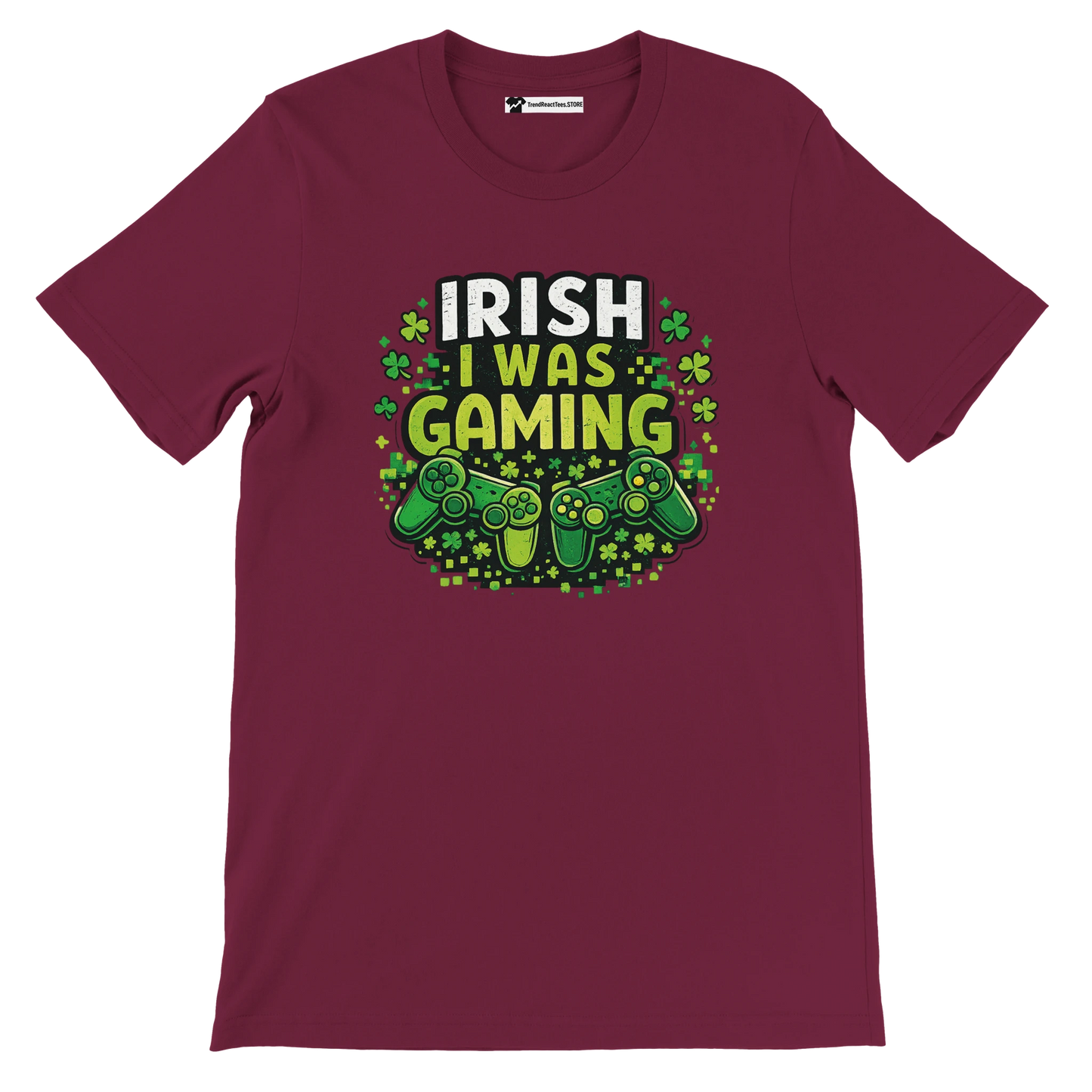 Irish I Was Gaming t-shirt with shamrocks and controllers, perfect for St. Patrick's Day gamers.