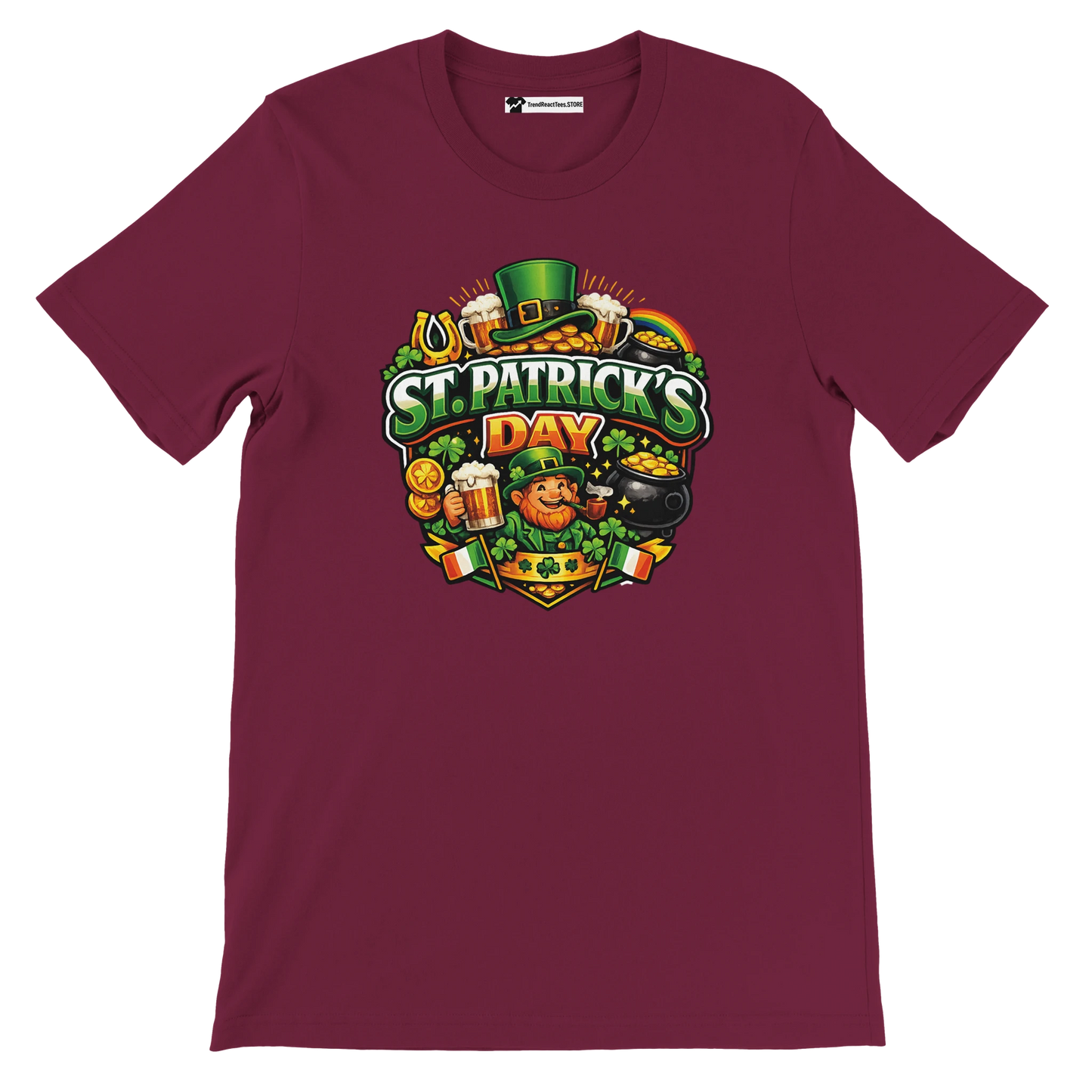 Maroon St. Patrick's Day t-shirt with leprechaun, beer, shamrocks, and gold coins graphic design