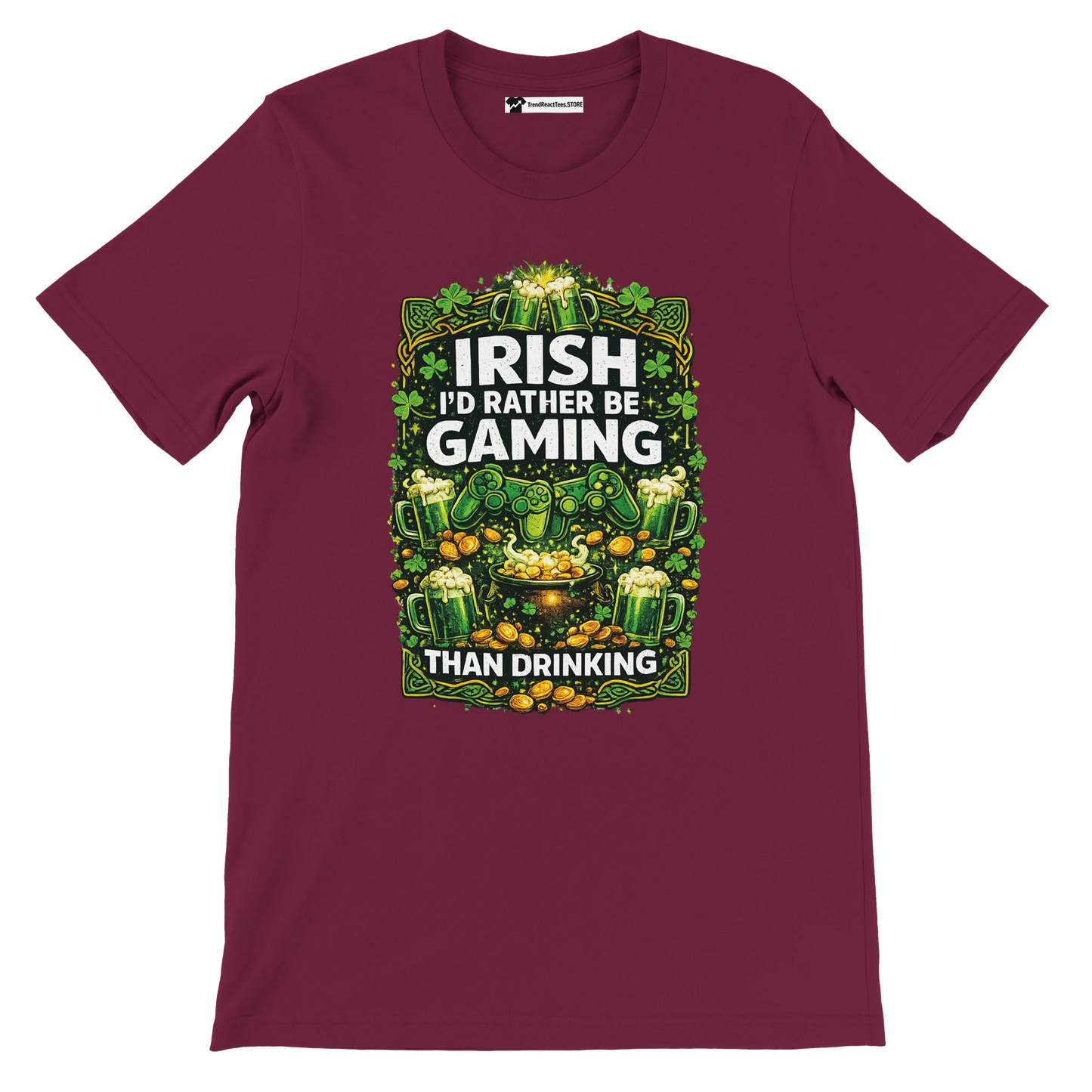 Irish gaming tee with shamrocks, beer mugs, and controllers for St. Patrick's Day