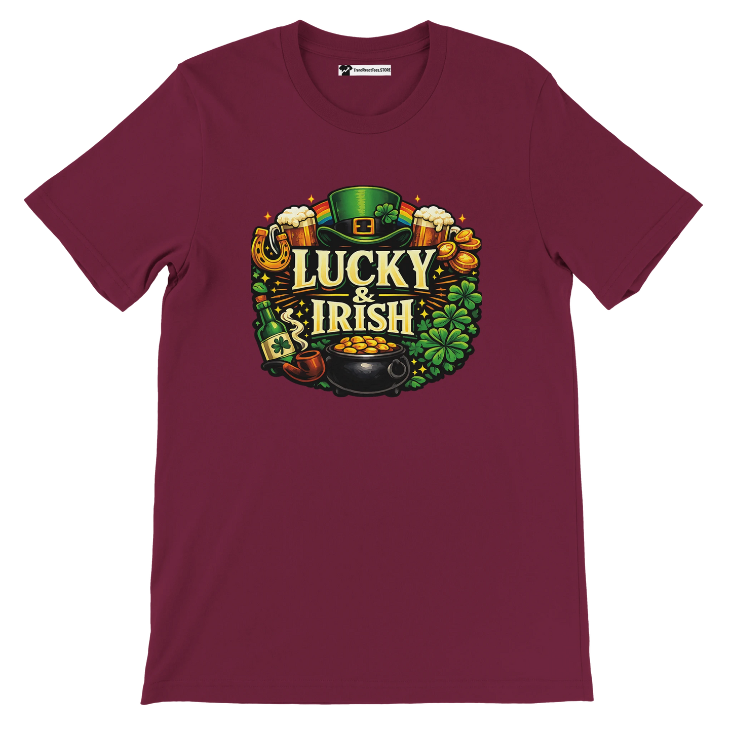 Maroon tee with 'Lucky & Irish' graphic, leprechaun hat, clovers, gold coins, and beer mugs.