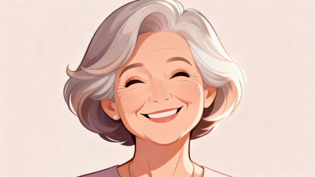 Cartoon woman over 60 with flattering short hairstyle.