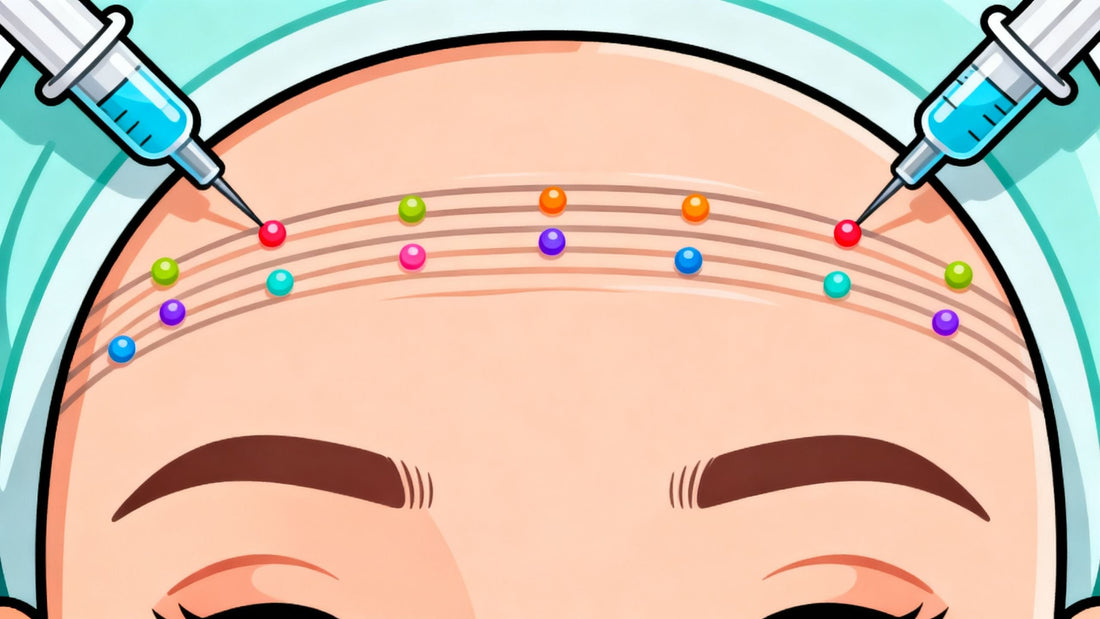 Cartoon illustration of Botox units smoothing forehead lines.