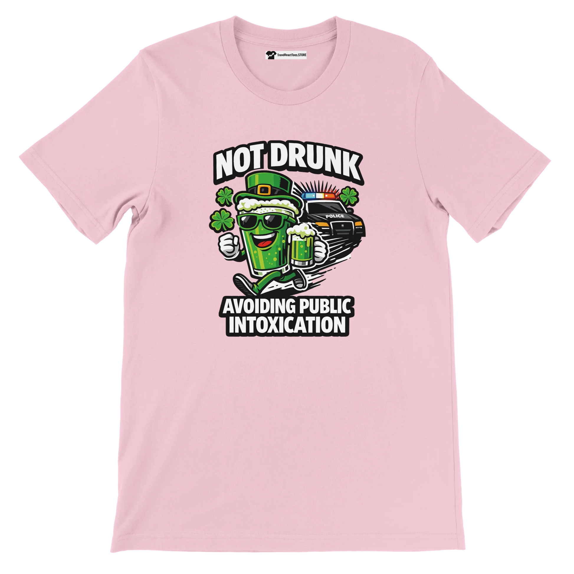 Pink anime-style graphic tee with a cartoon beer mug, shamrocks, police car, and St. Patrick's Day quote.