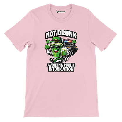Pink anime-style graphic tee with a cartoon beer mug, shamrocks, police car, and St. Patrick's Day quote.