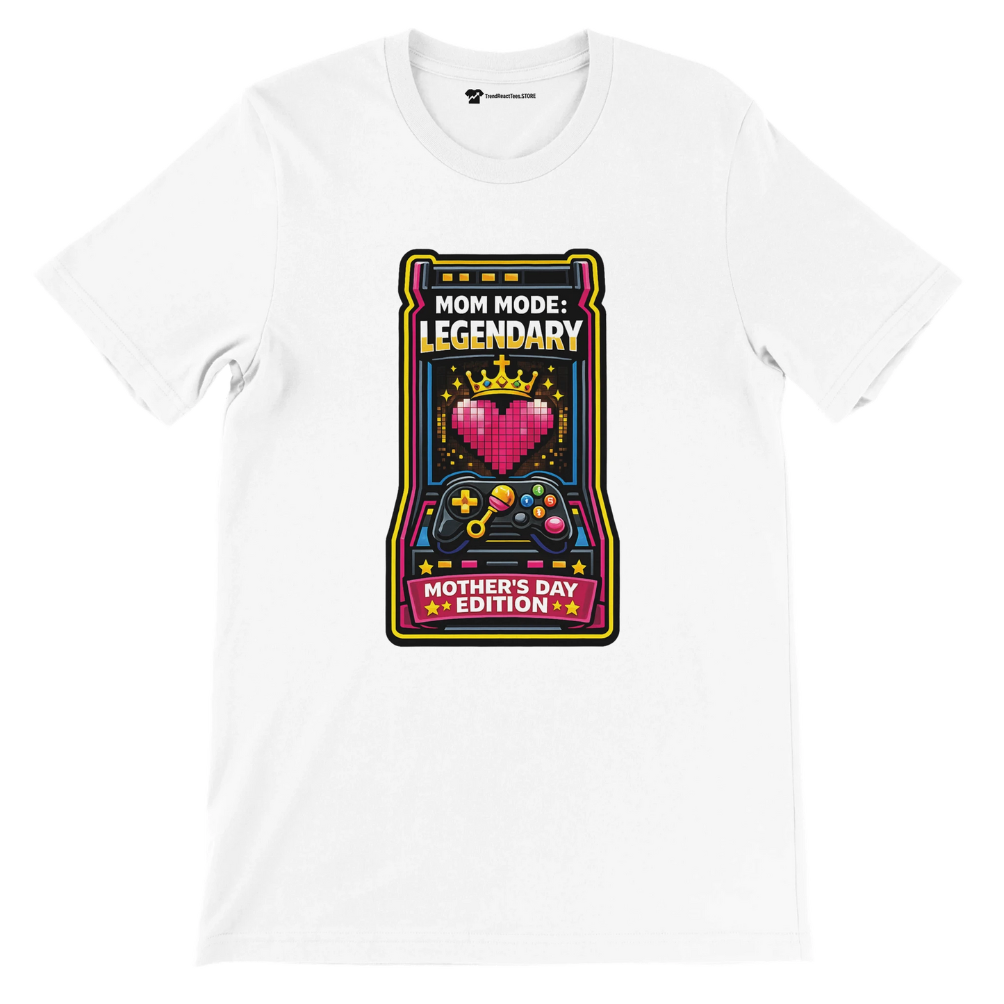 White anime-themed t-shirt with a pixel heart, crown, gaming controller, and 'Mom Mode: Legendary Mother's Day Edition' text.