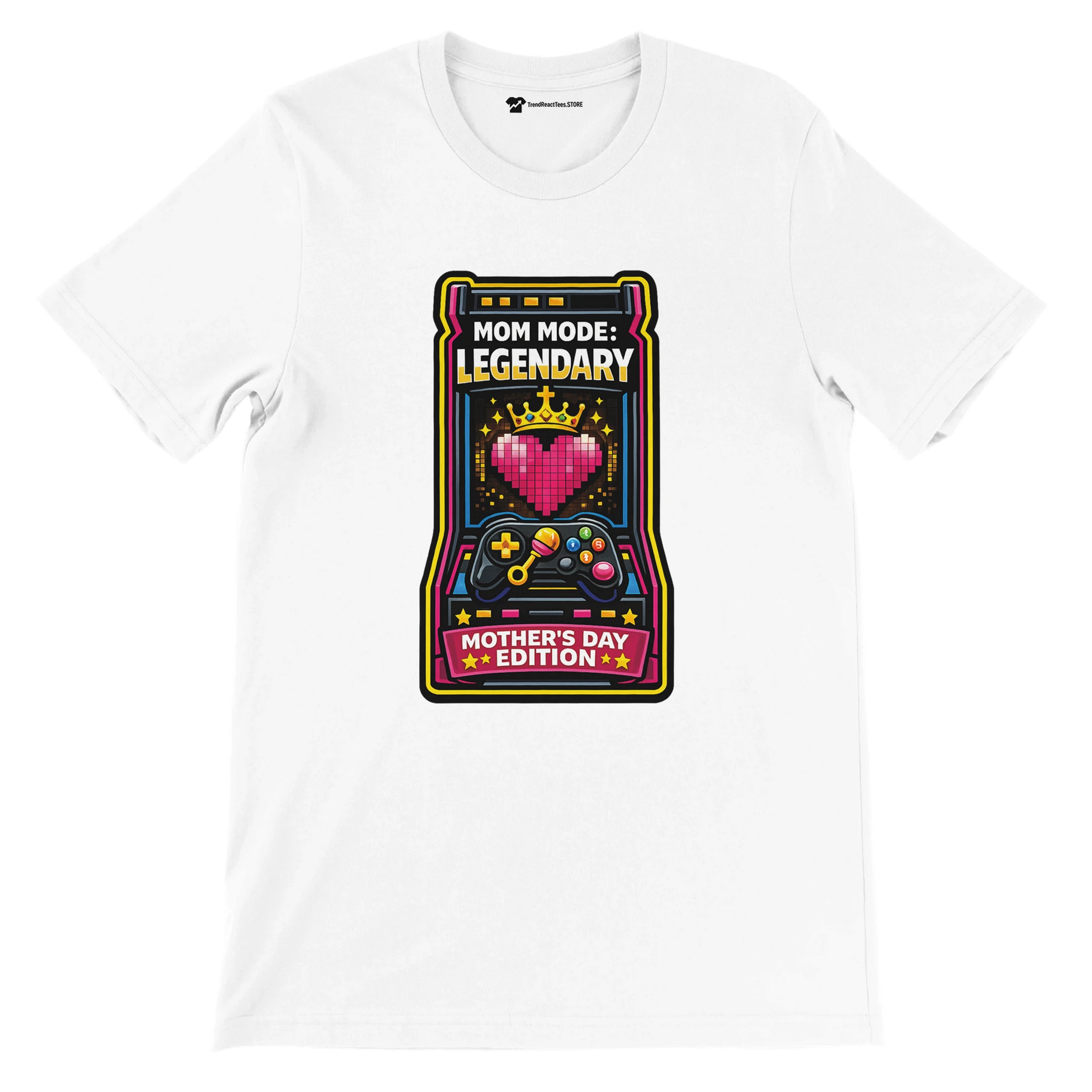 White anime-themed t-shirt with a pixel heart, crown, gaming controller, and 'Mom Mode: Legendary Mother's Day Edition' text.