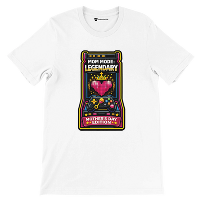 White anime-themed t-shirt with a pixel heart, crown, gaming controller, and 'Mom Mode: Legendary Mother's Day Edition' text.