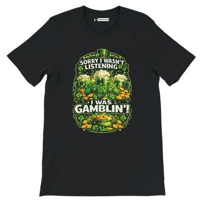 Black t-shirt with green beer, coins, clovers, gaming controllers and St. Patrick's Day quote.