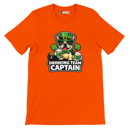 Orange St. Patrick's Day tee with bulldog in green hat holding beer, 'Drinking Team Captain' text