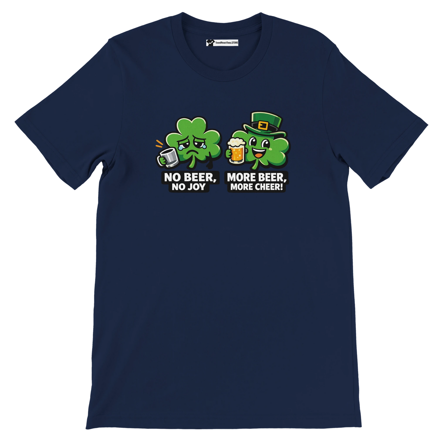 Navy blue t-shirt with cute shamrock cartoon, St. Patrick's Day beer and quote graphic