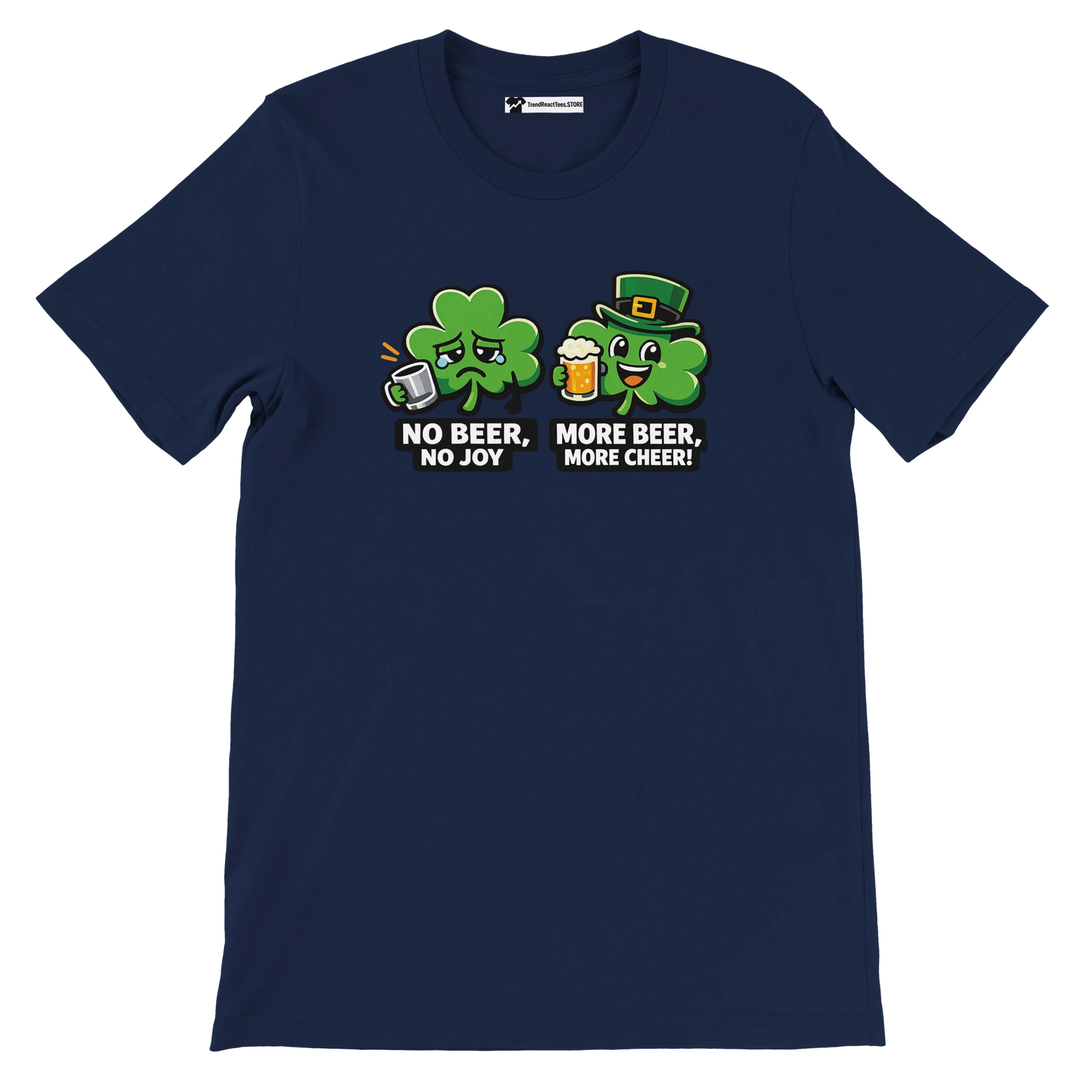 Navy blue t-shirt with cute shamrock cartoon, St. Patrick's Day beer and quote graphic