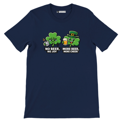 Navy blue t-shirt with cute shamrock cartoon, St. Patrick's Day beer and quote graphic