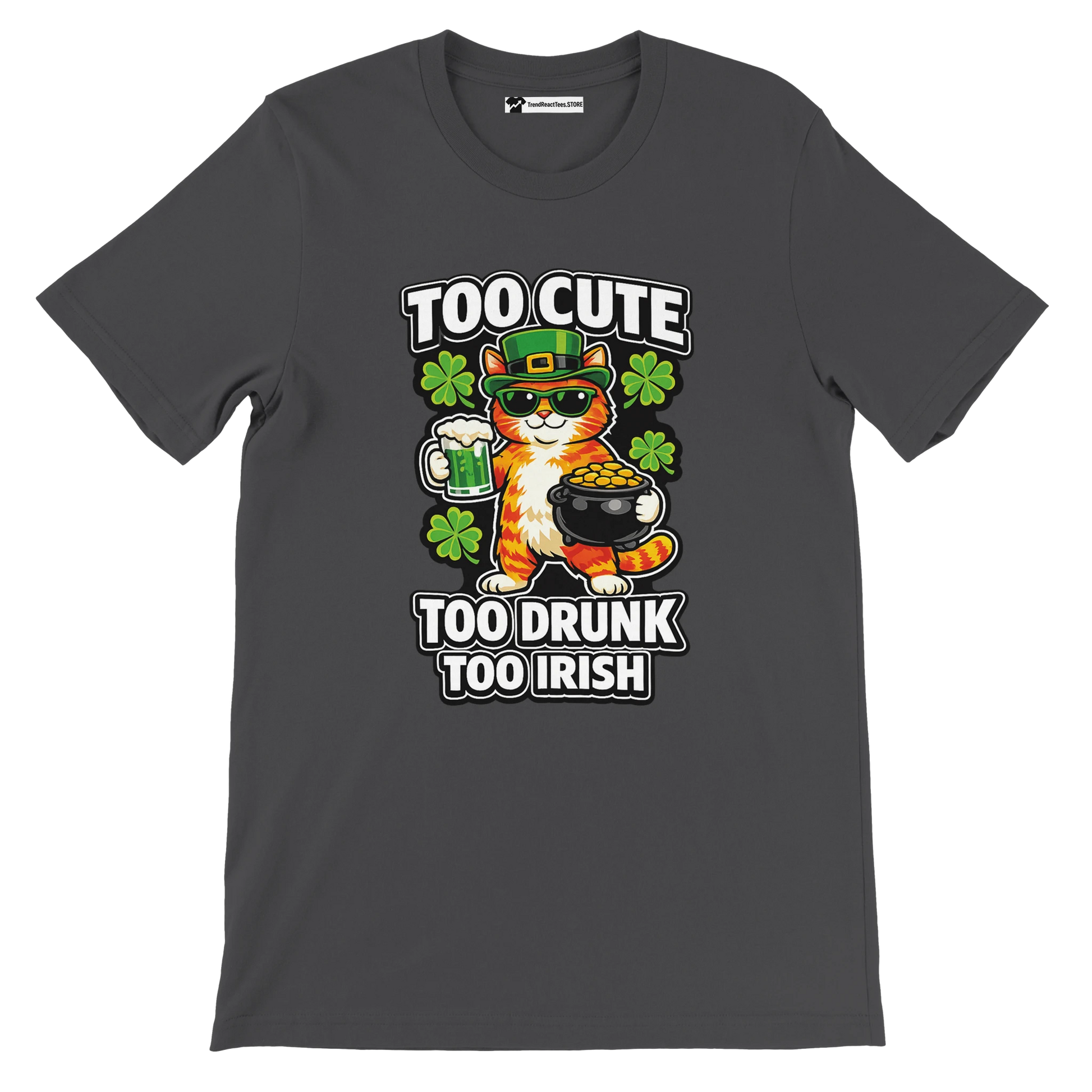 St. Patrick’s Day tee with cute cat in leprechaun hat, holding beer and pot of gold, surrounded by clovers