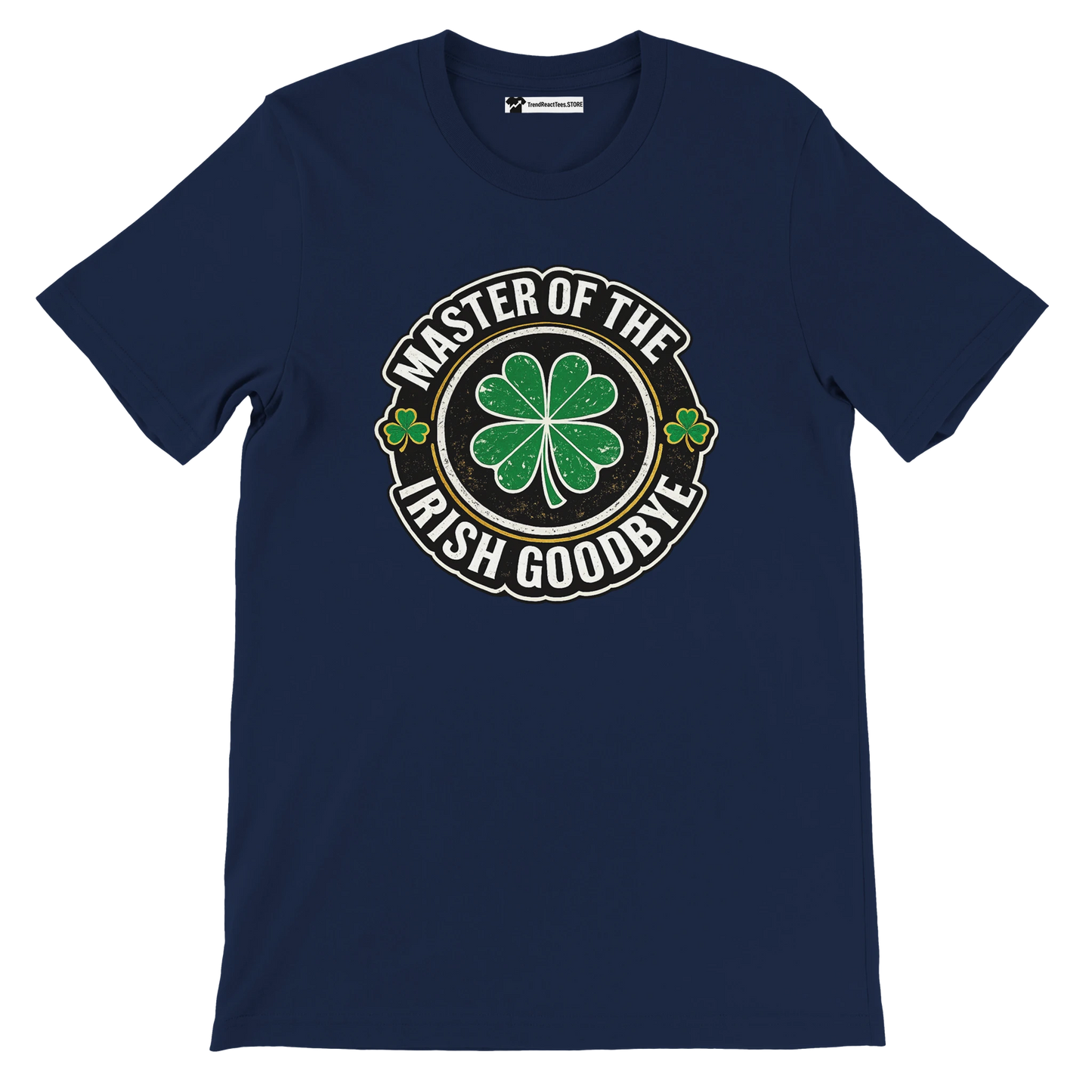 Navy t-shirt with 'Master of the Irish Goodbye' graphic, featuring a green four-leaf clover, perfect for St. Patrick's Day.
