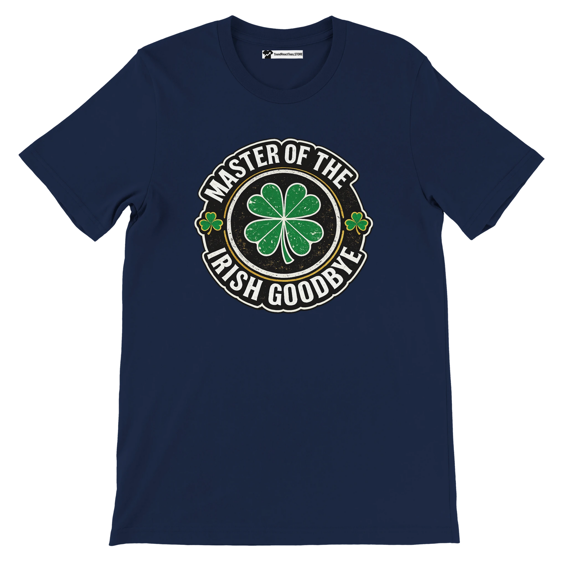 Navy t-shirt with 'Master of the Irish Goodbye' graphic, featuring a green four-leaf clover, perfect for St. Patrick's Day.