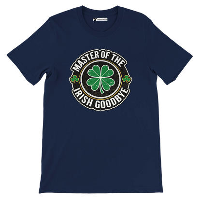 Navy t-shirt with 'Master of the Irish Goodbye' graphic, featuring a green four-leaf clover, perfect for St. Patrick's Day.