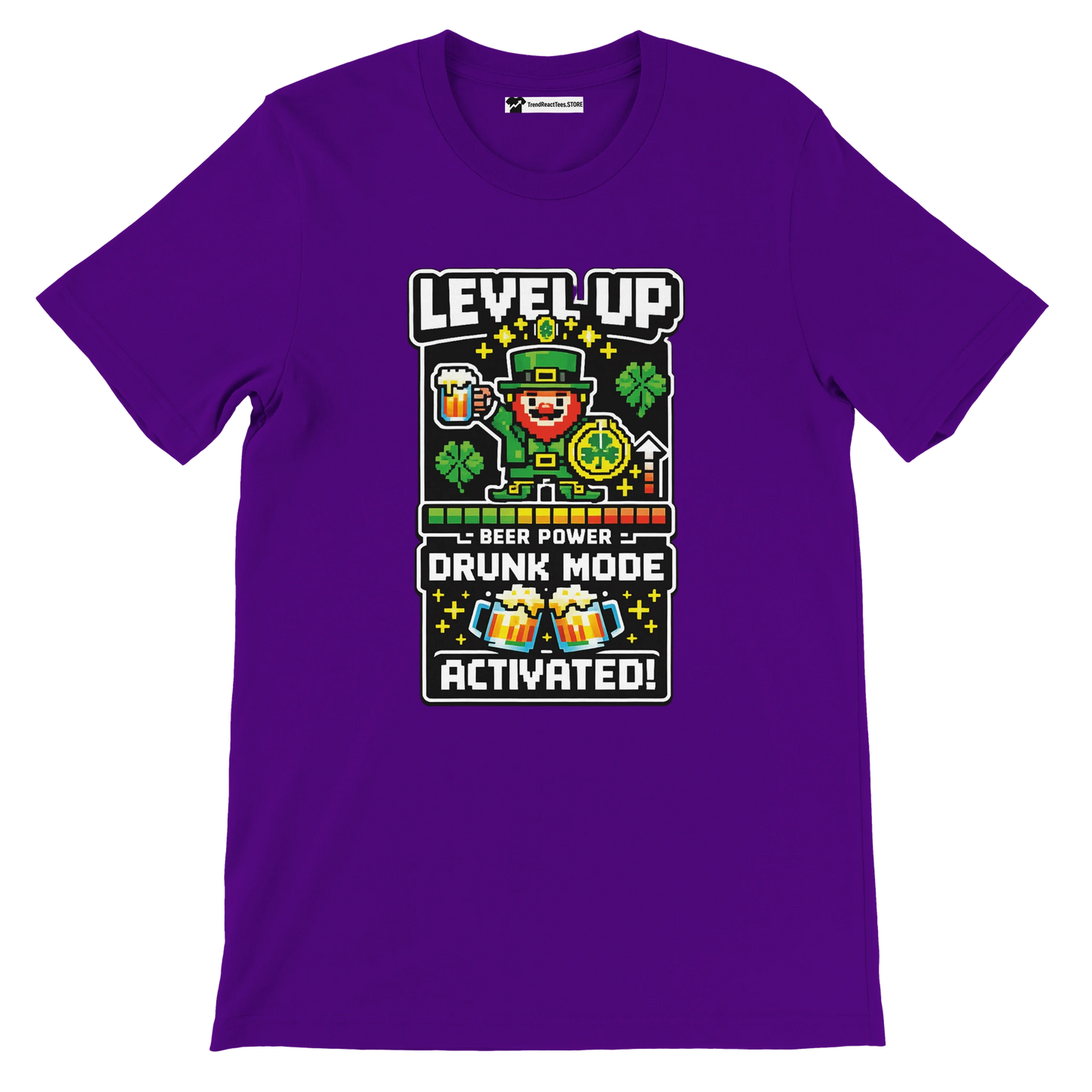 Purple tee with pixel art leprechaun, beer, shamrocks, 'Level Up Drunk Mode Activated' text for St. Patrick's Day