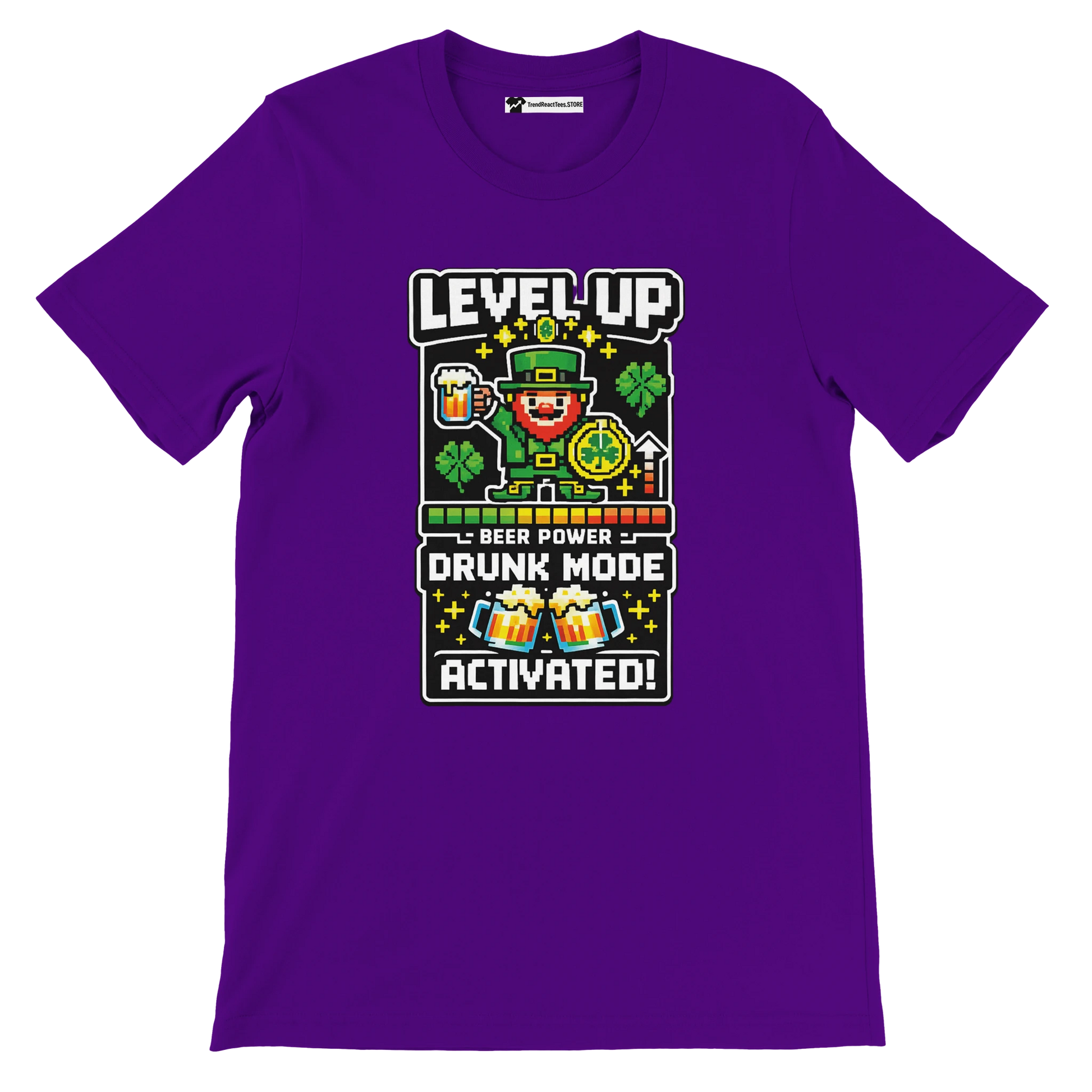 Purple tee with pixel art leprechaun, beer, shamrocks, 'Level Up Drunk Mode Activated' text for St. Patrick's Day