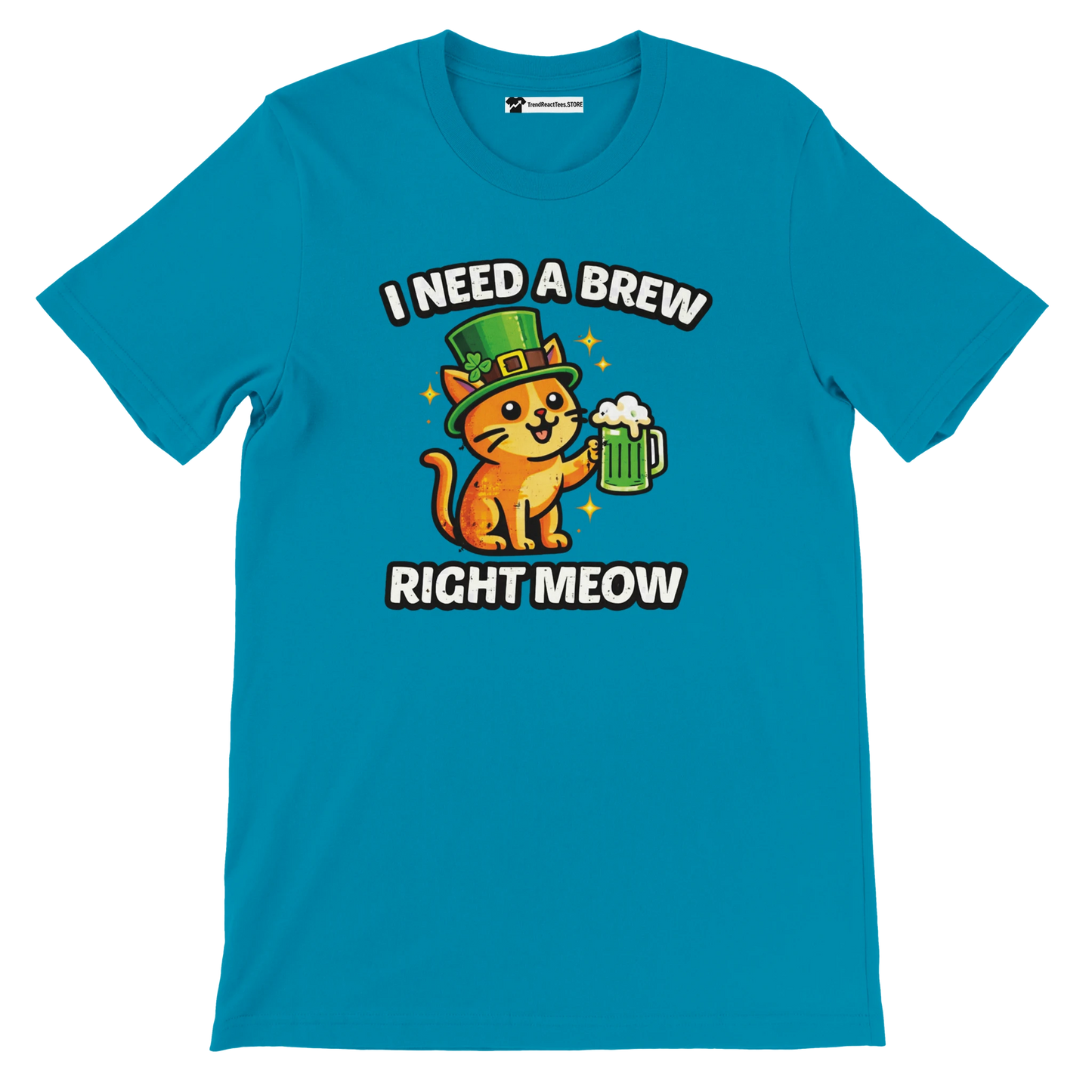 Blue t-shirt with cute orange cat in leprechaun hat holding beer, St. Patrick's Day tee