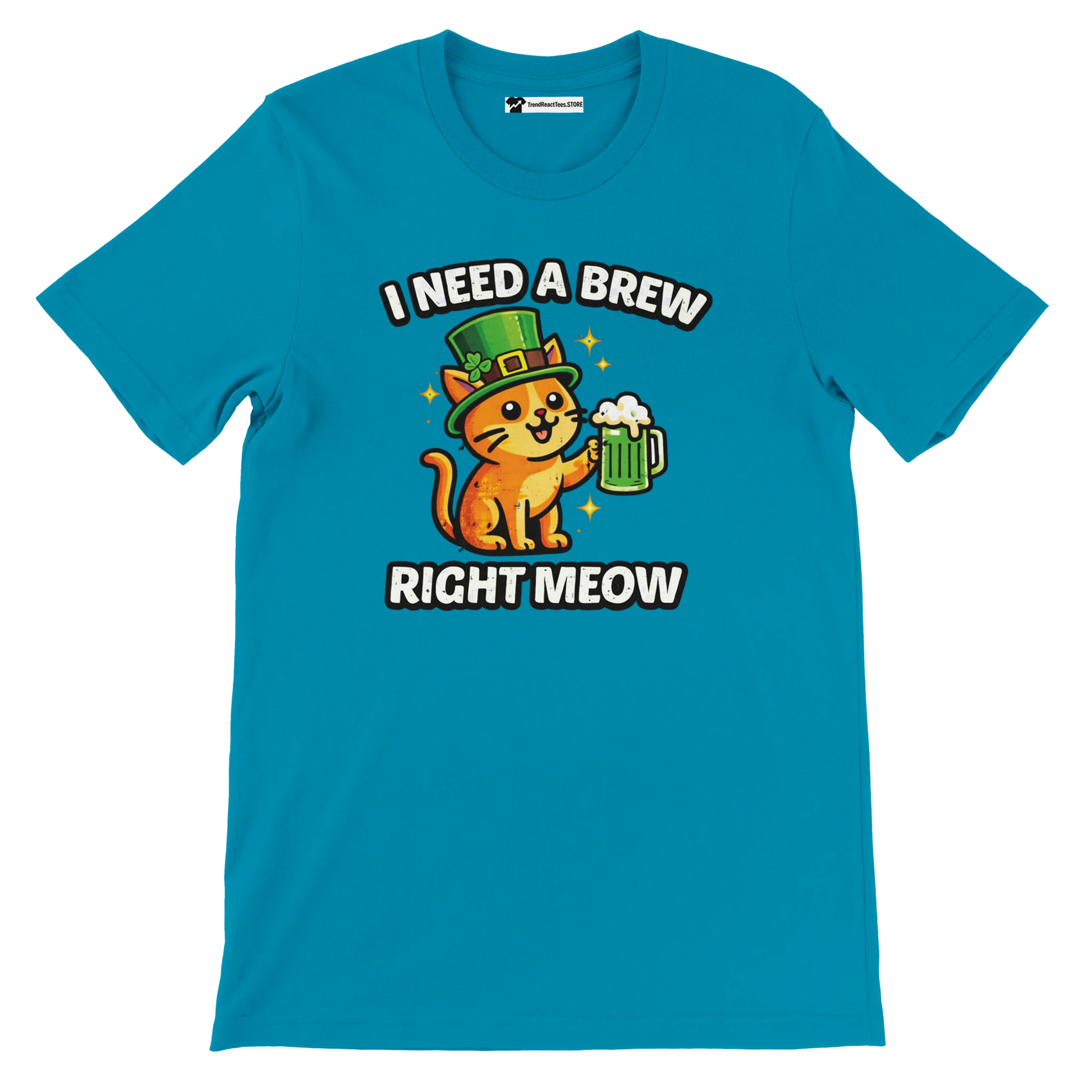 Blue t-shirt with cute orange cat in leprechaun hat holding beer, St. Patrick's Day tee