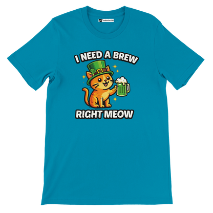 Blue t-shirt with cute orange cat in leprechaun hat holding beer, St. Patrick's Day tee