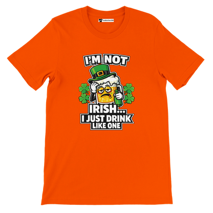Orange St. Patrick's Day tee with funny 'I'm Not Irish' beer mug graphic, shamrocks, and green hat