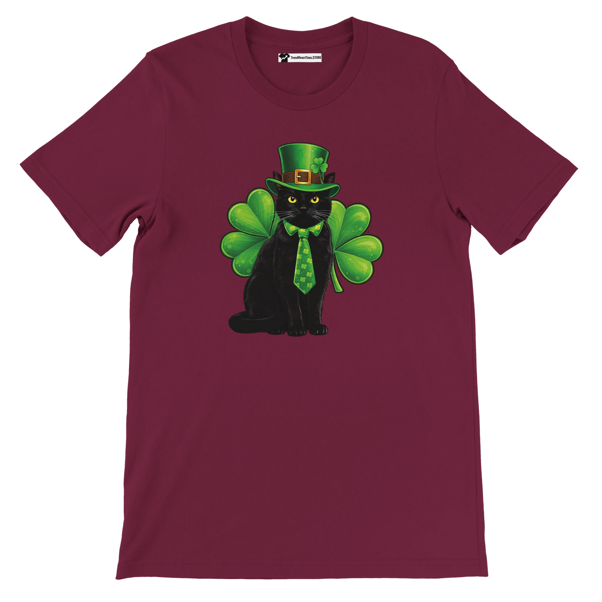Maroon t-shirt with black cat in green leprechaun hat, tie, shamrock background, St. Patrick's Day
