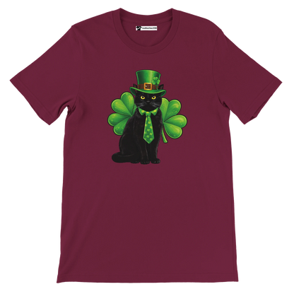 Maroon t-shirt with black cat in green leprechaun hat, tie, shamrock background, St. Patrick's Day