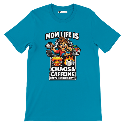 Blue t-shirt with cartoon mom, child, coffee, and Mother's Day quote: Mom Life is Chaos & Caffeine.