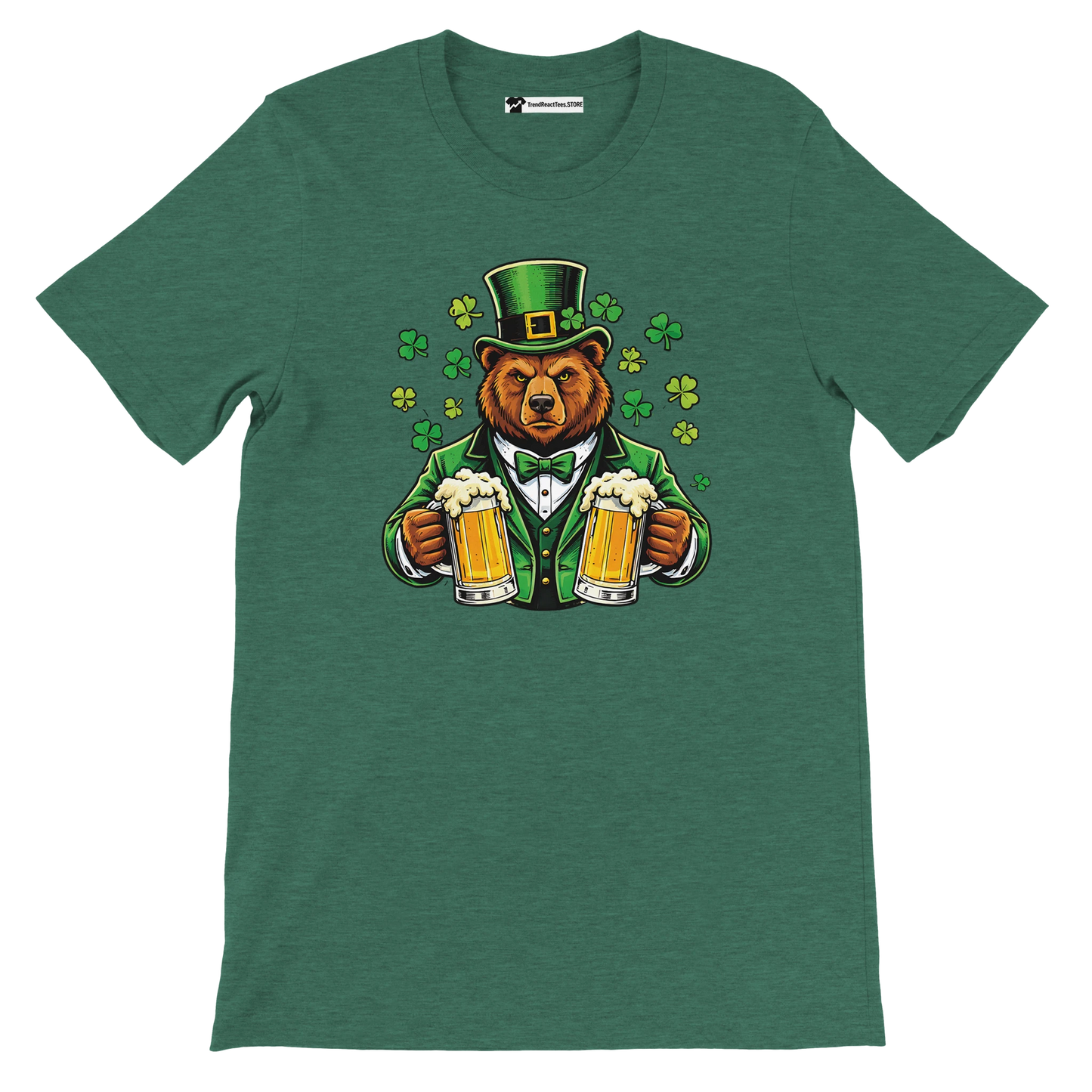 Green St. Patrick's Day tee with bear in top hat holding beer mugs and shamrocks