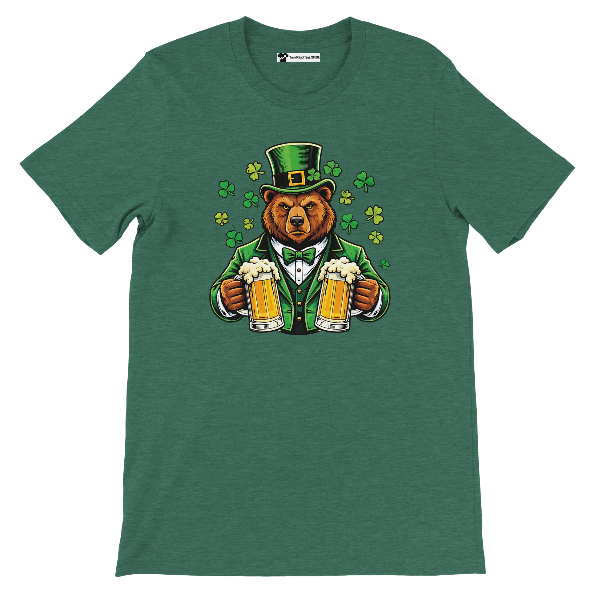 Green St. Patrick's Day tee with bear in top hat holding beer mugs and shamrocks