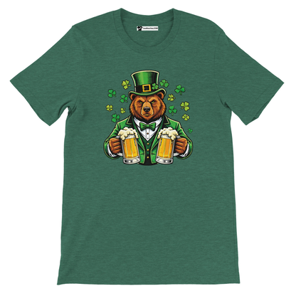 Green St. Patrick's Day tee with bear in top hat holding beer mugs and shamrocks