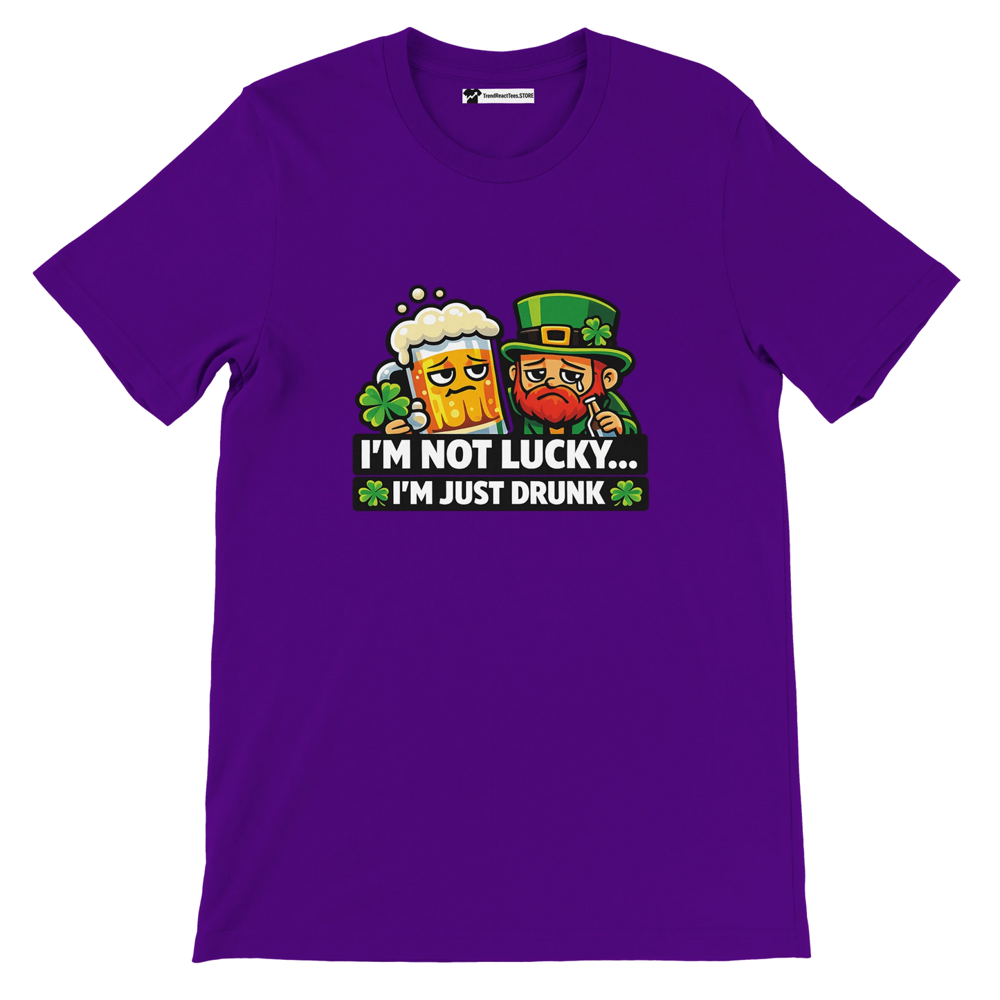 Purple St. Patrick's Day tee with leprechaun, beer, and 'I'm not lucky... I'm just drunk' text