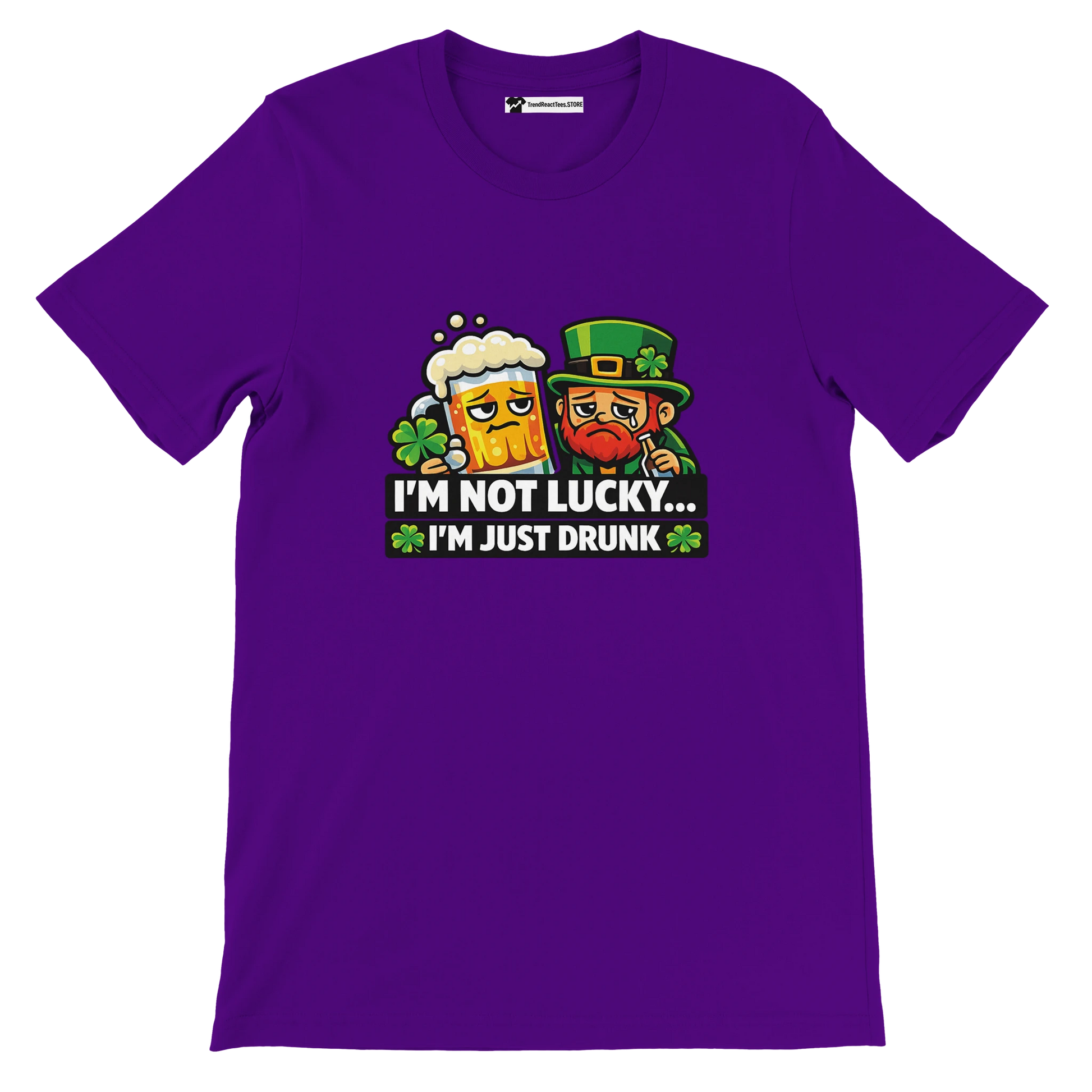 Purple St. Patrick's Day tee with leprechaun, beer, and 'I'm not lucky... I'm just drunk' text