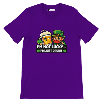 Purple St. Patrick's Day tee with leprechaun, beer, and 'I'm not lucky... I'm just drunk' text