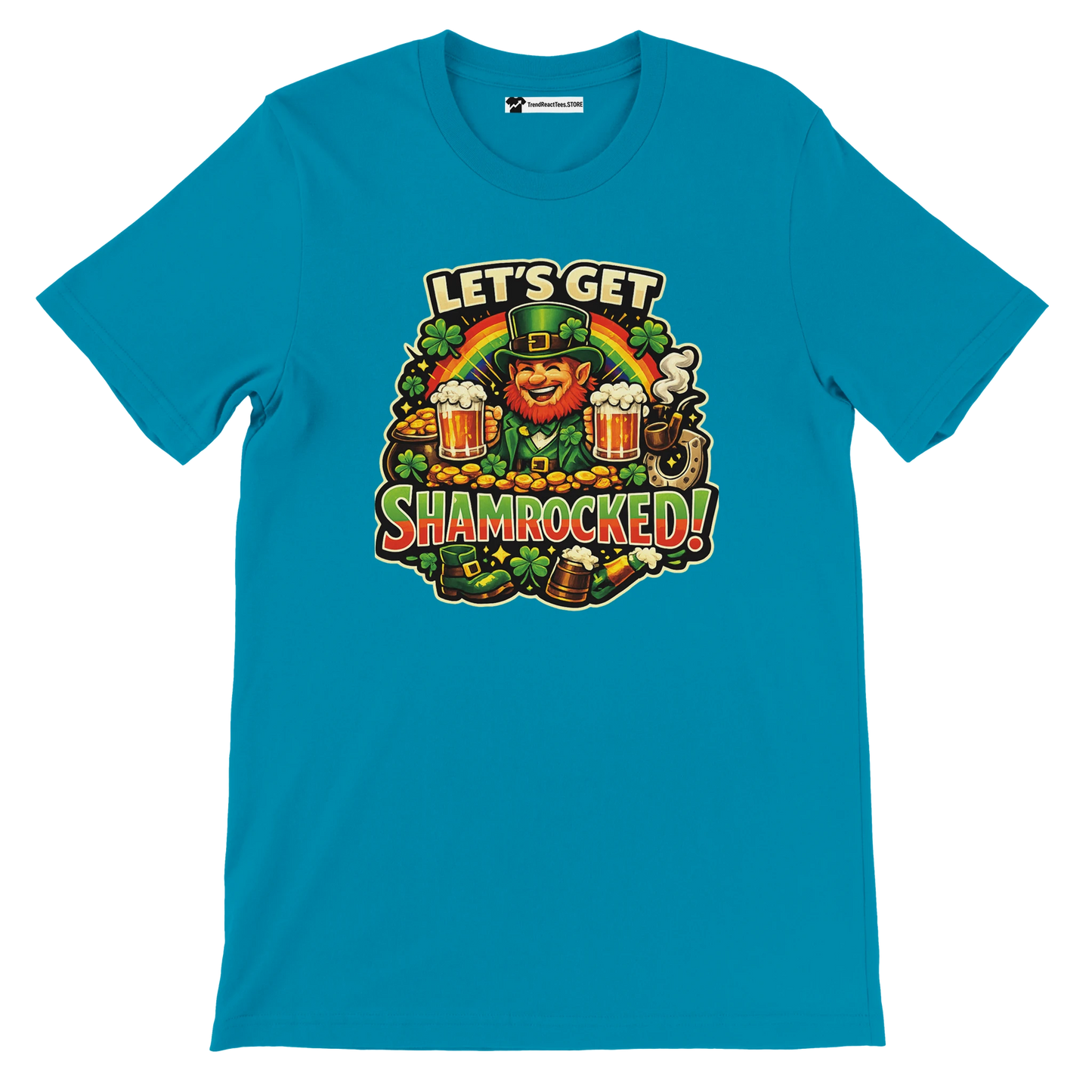 Blue t-shirt with 'Let's Get Shamrocked!' graphic, leprechaun, beer, shamrocks, rainbow, and gold coins for St. Patrick's Day.