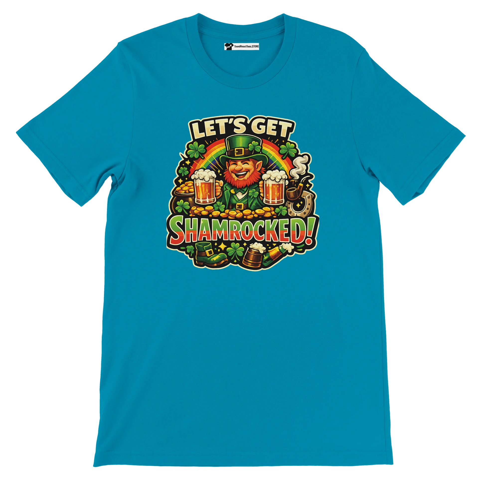 Blue t-shirt with 'Let's Get Shamrocked!' graphic, leprechaun, beer, shamrocks, rainbow, and gold coins for St. Patrick's Day.