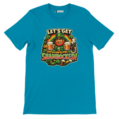 Blue t-shirt with 'Let's Get Shamrocked!' graphic, leprechaun, beer, shamrocks, rainbow, and gold coins for St. Patrick's Day.